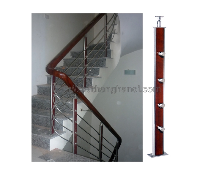 Cầu thang inox tay vịn gỗ Inox suốt JKL84017